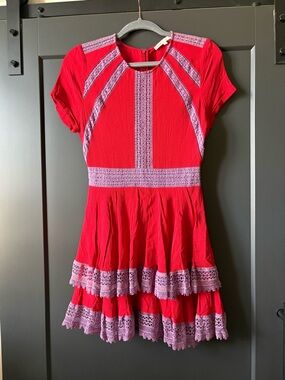 Maje Raglia Red Mini Dress with Lavender Lace Bands